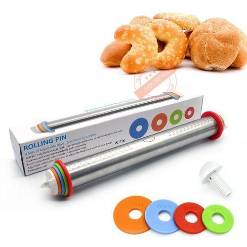 🥐 Adjustable Stainless Steel Rolling Pin with Thickness Rings | Professional Non-Stick Dough Roller for Baking ✨