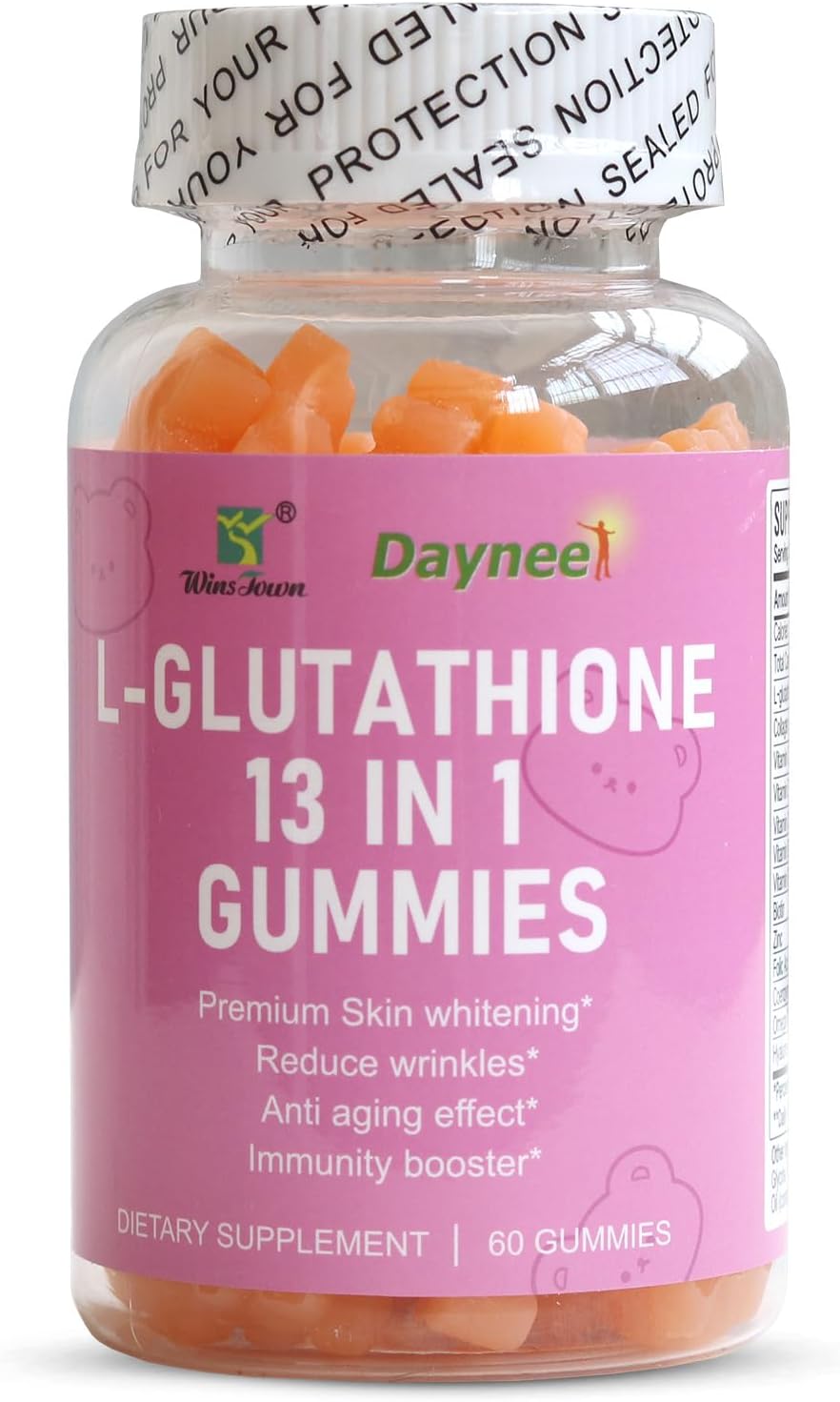 L-Glutathione 13 in 1 Gummies 1200mg, Reduce Wrinkles, Anti-Aging Support, Immunity Booster, Vegan, Non-GMO, 60 Count