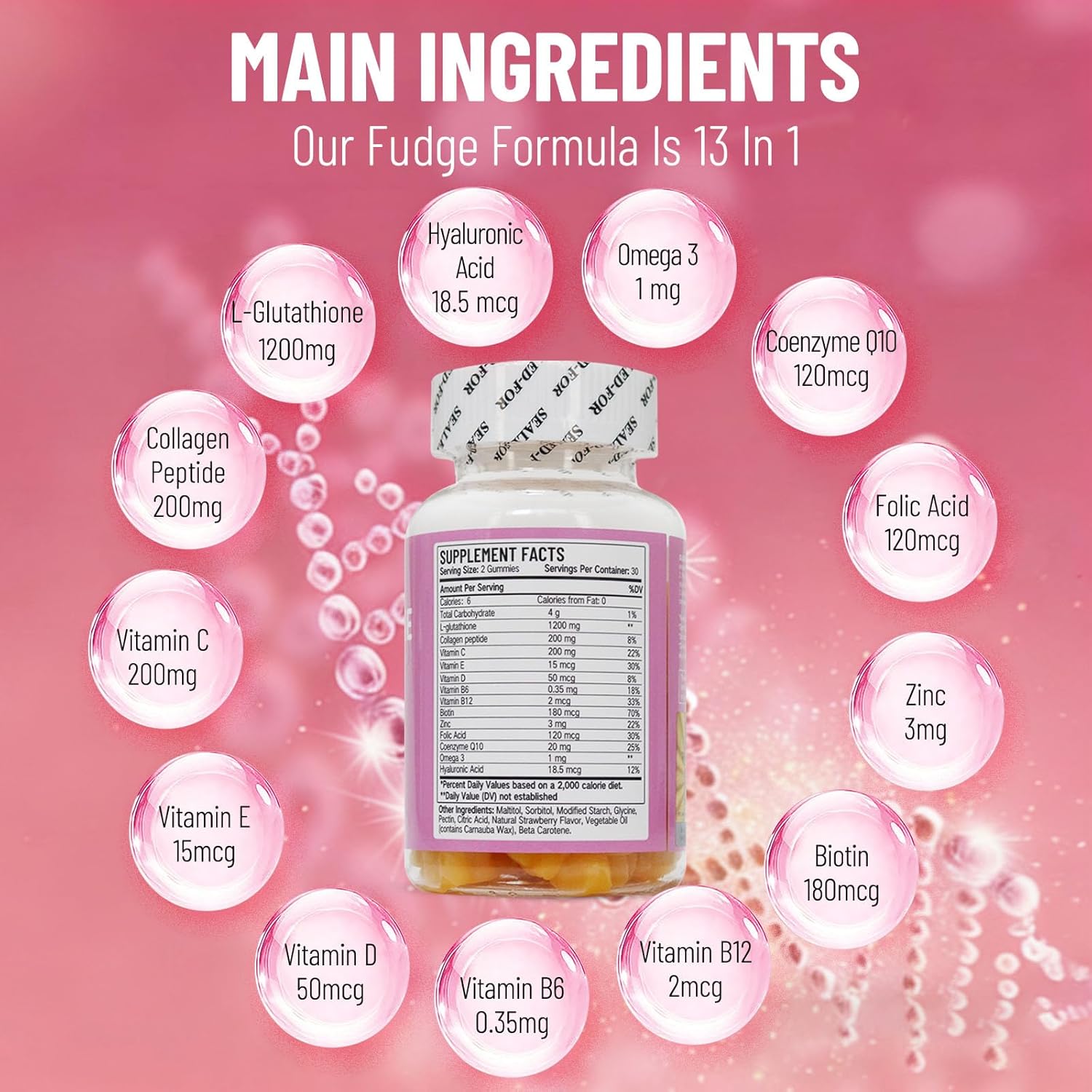 L-Glutathione 13 in 1 Gummies 1200mg, Reduce Wrinkles, Anti-Aging Support, Immunity Booster, Vegan, Non-GMO, 60 Count