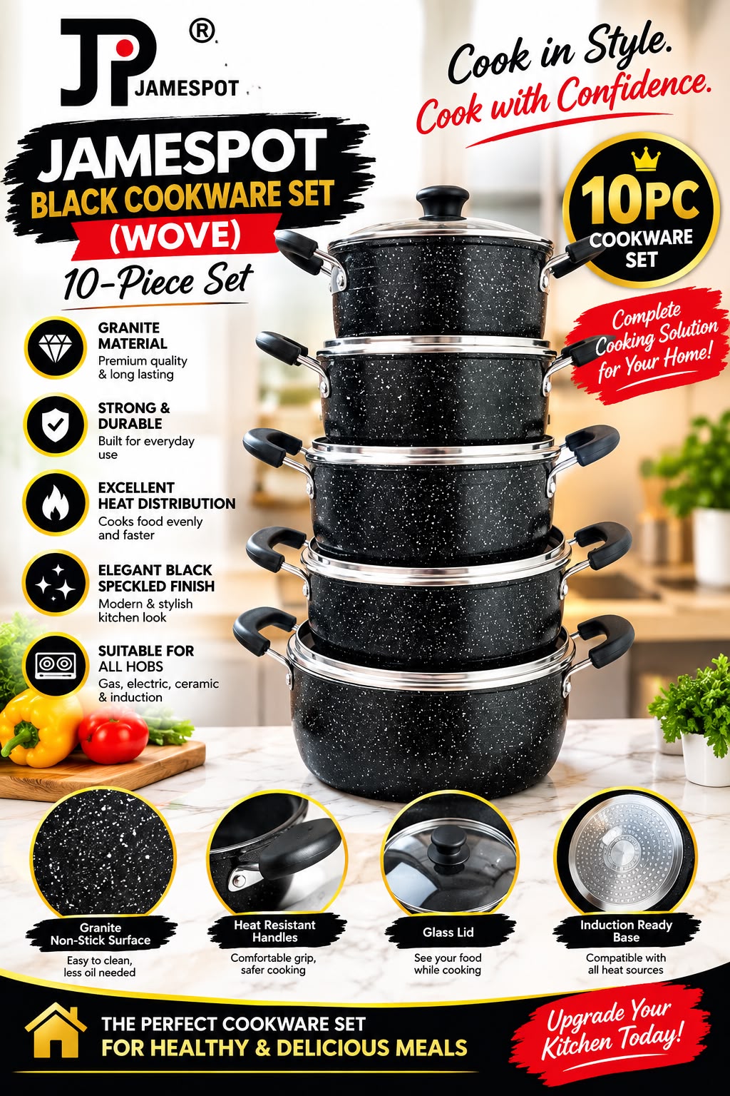 10pc Jamespot Black Cookware Set (Wove) - 10-Piece 🍳