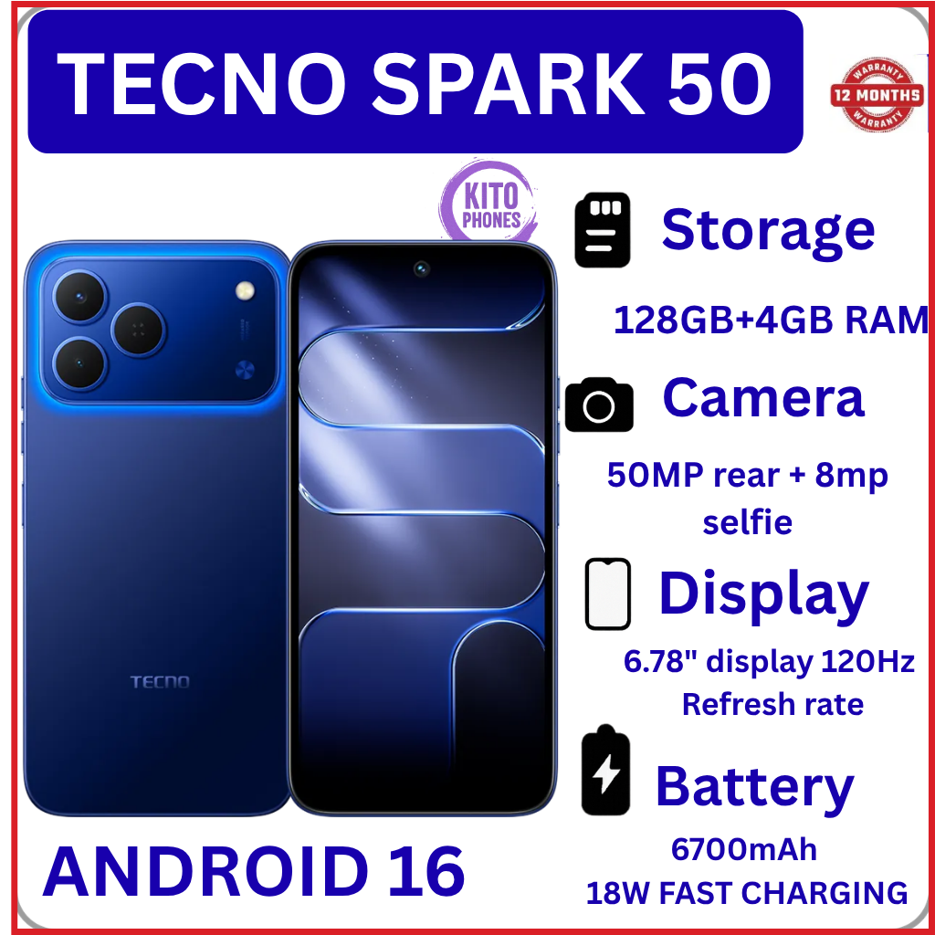 NEW ARRIVALS!! BRAND NEW Tecno Spark 50 128GB ROM+ 4GB RAM 6.78" SCREEN 120Hz Refresh rate Camera 50MP Main Camera +8MP SELFIE 18W Super Charging 6700mAh battery Android 16 PHONE smartphone.