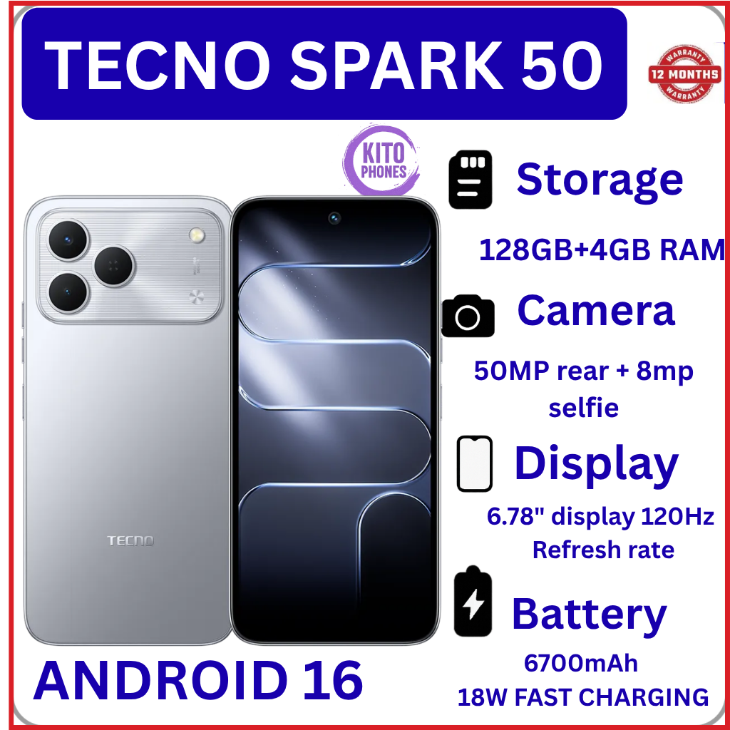 NEW ARRIVALS!! BRAND NEW Tecno Spark 50 128GB ROM+ 4GB RAM 6.78" SCREEN 120Hz Refresh rate Camera 50MP Main Camera +8MP SELFIE 18W Super Charging 6700mAh battery Android 16 PHONE smartphone.