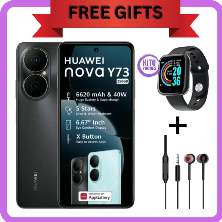 HUAWEI NOVA Y73, 8GB RAM +256GB ROM, WATER AND DUST RESISTANT,TURBO CHARGING, 6.67 DISPLAY, 6620mAh BATTERY CAPACITY 50mp +8mp wide SIDE FINGERPRINT ANDROID 12 PHONESMARTPHONE+ FREE GIFTS JUST FOR YOU