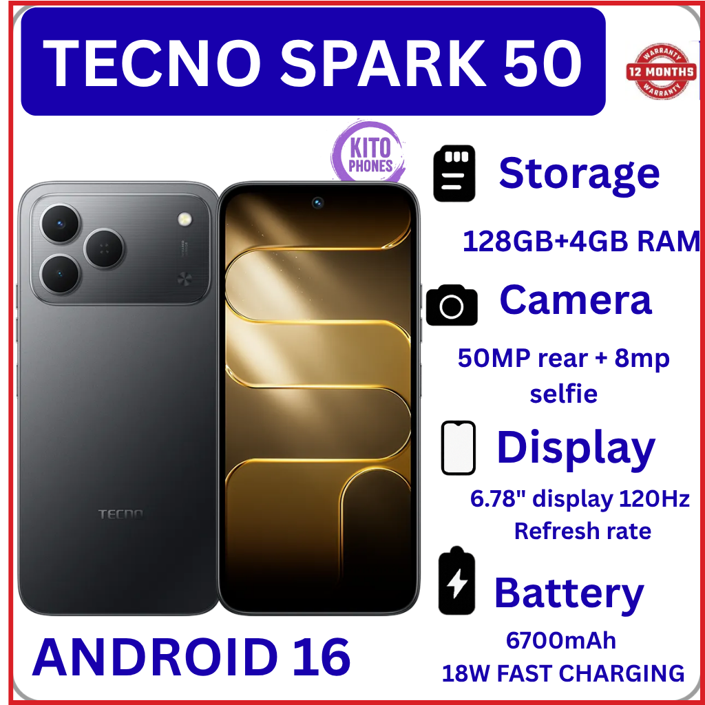 NEW ARRIVALS!! BRAND NEW Tecno Spark 50 128GB ROM+ 4GB RAM 6.78" SCREEN 120Hz Refresh rate Camera 50MP Main Camera +8MP SELFIE 18W Super Charging 6700mAh battery Android 16 PHONE smartphone.