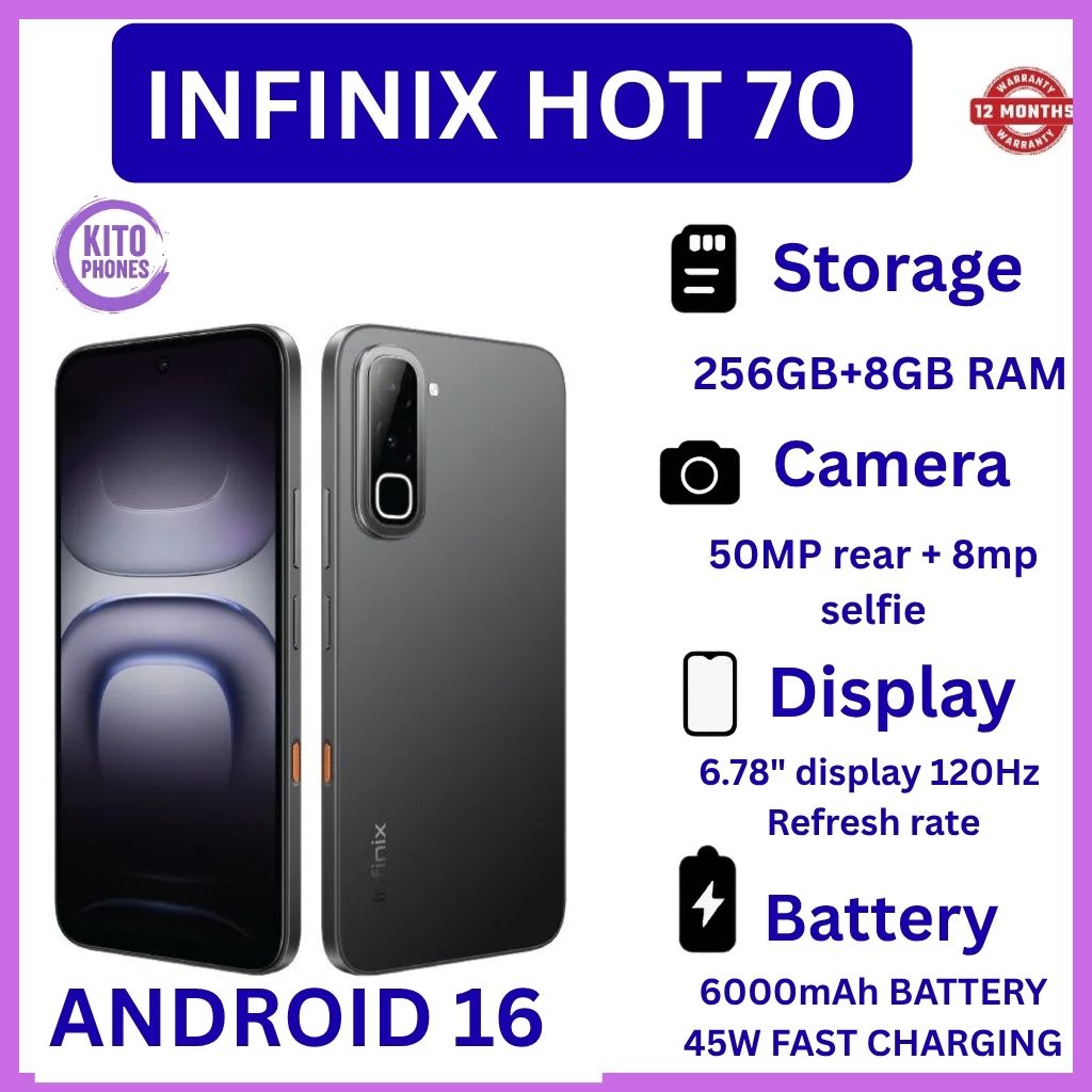 NEW ARRIVALS !! BRAND NEW INFINIX Hot 70,X6895B, 6.78 inches, 120Hz Display, 256GB ROM + 8GB RAM,50 MP Main Camera +8MP SELFIE 6000 mAh Type C 45W Fast Charging ANFROID 16 SMARTPHONES +FREE GIFTS
