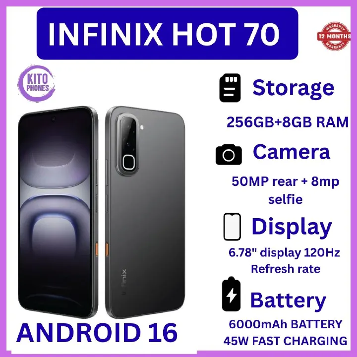NEW ARRIVALS !! BRAND NEW INFINIX Hot 70,X6895B, 6.78 inches, 120Hz Display, 256GB ROM + 8GB RAM,50 MP Main Camera +8MP SELFIE 6000 mAh Type C 45W Fast Charging ANFROID 16 SMARTPHONES