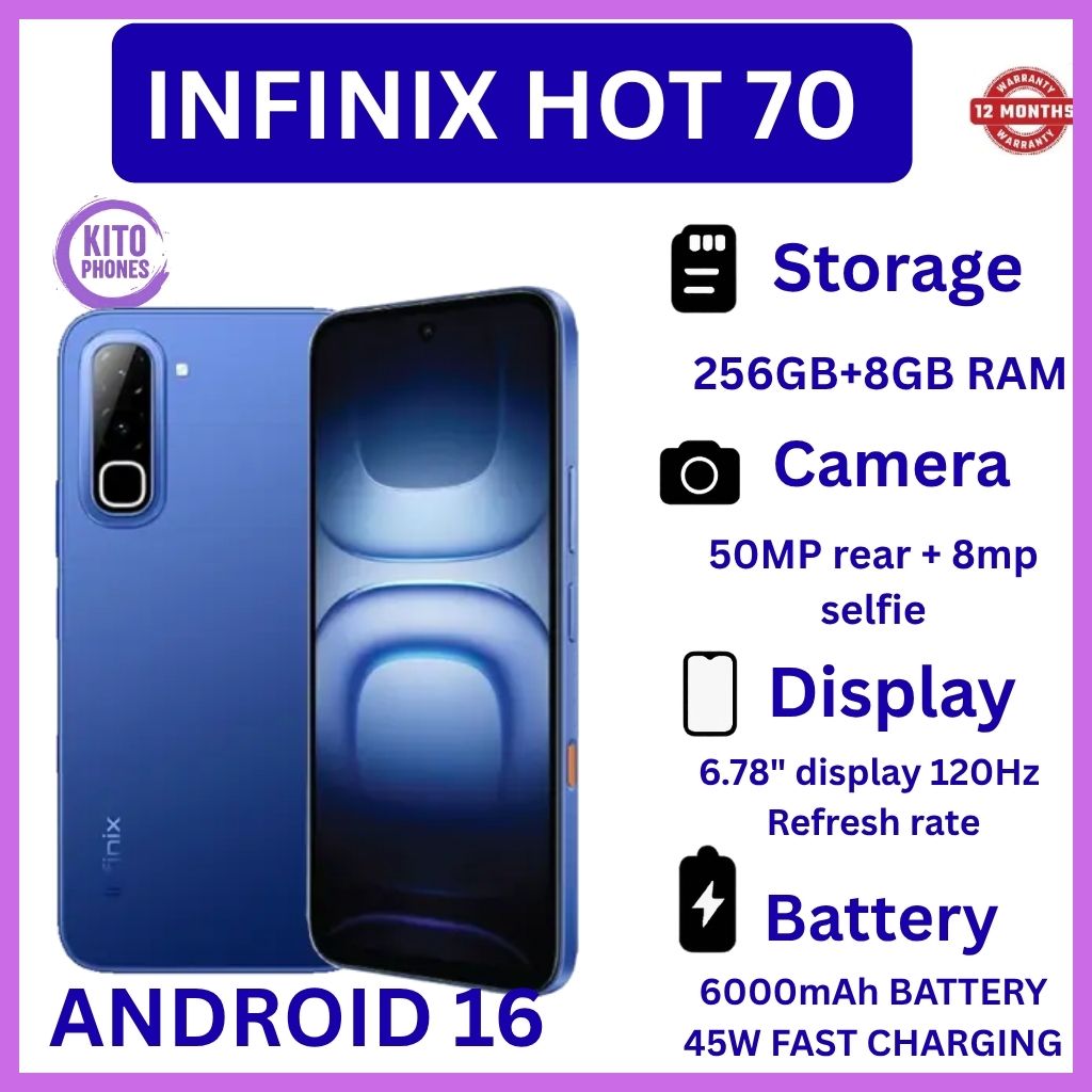 NEW ARRIVALS !! BRAND NEW INFINIX Hot 70,X6895B, 6.78 inches, 120Hz Display, 256GB ROM + 8GB RAM,50 MP Main Camera +8MP SELFIE 6000 mAh Type C 45W Fast Charging ANFROID 16 SMARTPHONES +FREE GIFTS