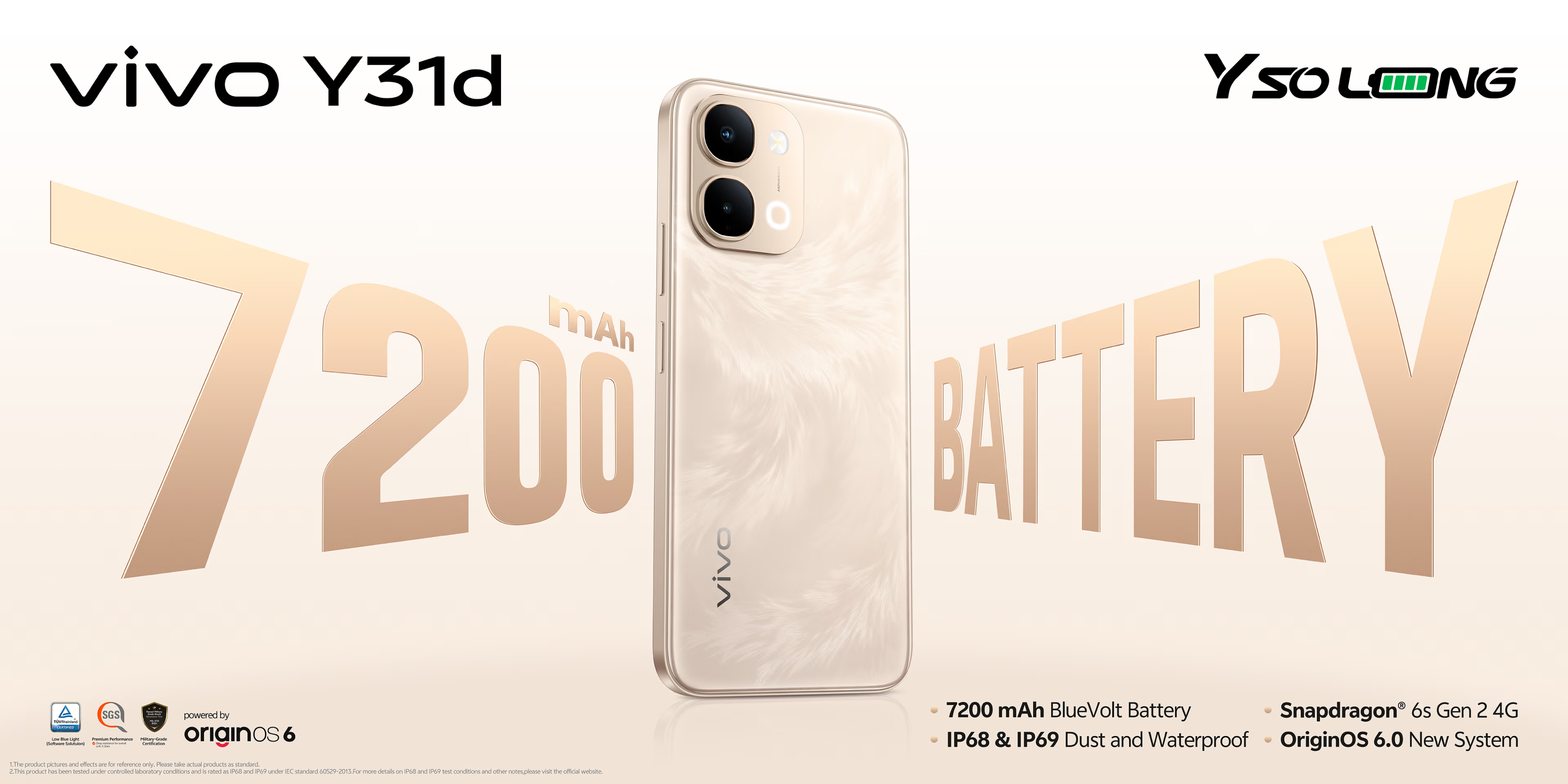 Vivo Y31d, 6.75",6GB RAM + 128 GB ROM (Dual SIM), 7200mAh, 44W Fast Charge, Camera 50MP, Android 16, OriginOS 6 Chipset Qualcomm Snapdragon 6s 4G Gen 2 SMARTPHONE