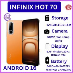 NEW ARRIVALS !! BRAND NEW INFINIX Hot 70,X6895B, 128GB ROM + 4GB RAM, 6.78 inches, 120Hz Display, 50 MP Main Camera +8MP SELFIE 6000 mAh Type C 45W Fast Charging ANFROID 16 SMARTPHONES +FREE GIFTS