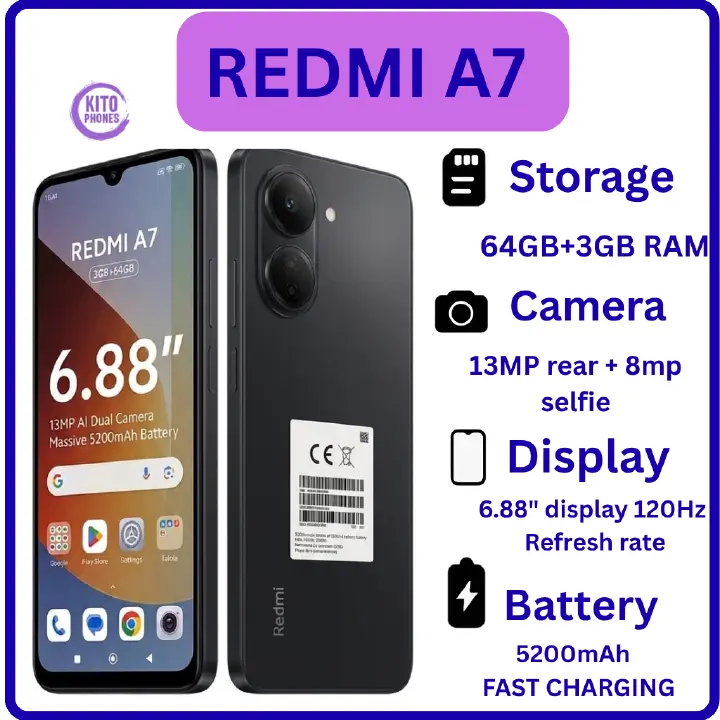 REDMI A7, 64GB ROM + 3GB RAM STORAGE, 6.88" SCREEN SIZE 13MP CAMERA 5200mAh BATTERY, ANDROID 16, IPS LCD, 120Hz, Unisoc T7250, SIDE MOUNTED FINGERPRINT SMARTPHONE