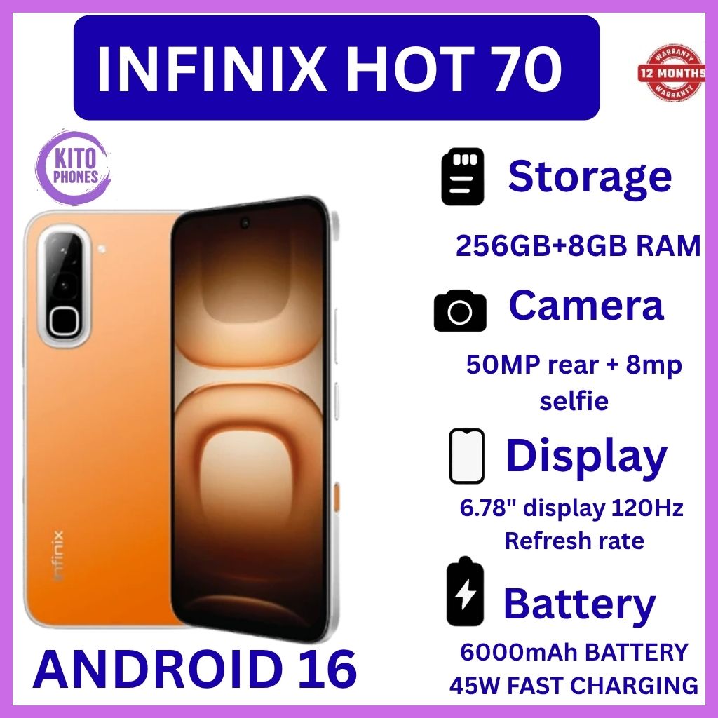 NEW ARRIVALS !! BRAND NEW INFINIX Hot 70,X6895B, 6.78 inches, 120Hz Display, 256GB ROM + 8GB RAM,50 MP Main Camera +8MP SELFIE 6000 mAh Type C 45W Fast Charging ANFROID 16 SMARTPHONES +FREE GIFTS
