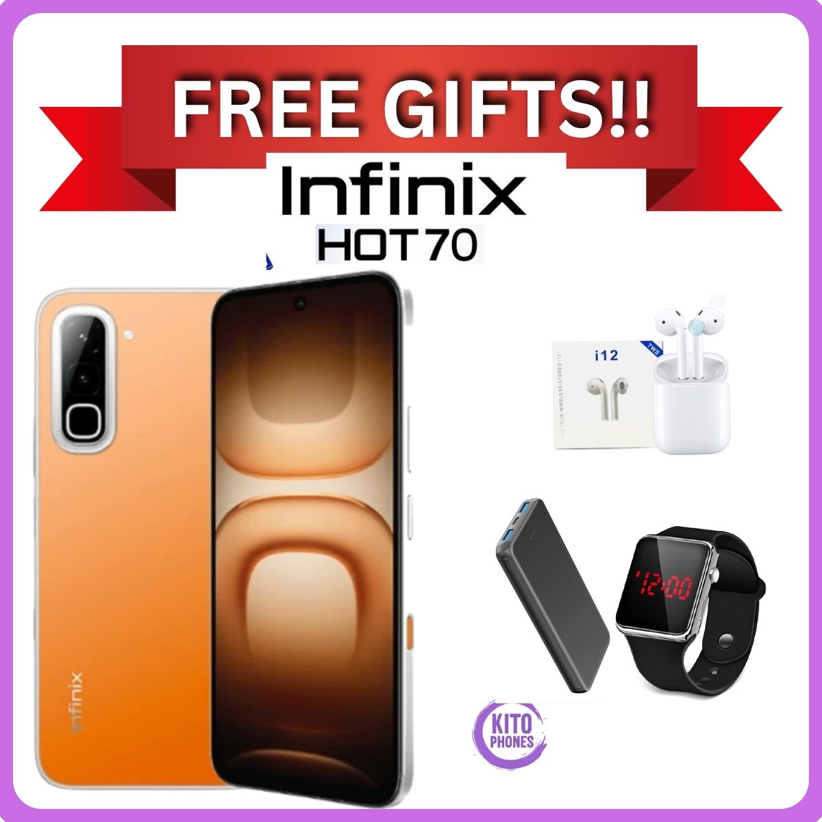 NEW ARRIVALS !! BRAND NEW INFINIX Hot 70,X6895B, 6.78 inches, 120Hz Display, 256GB ROM + 8GB RAM,50 MP Main Camera +8MP SELFIE 6000 mAh Type C 45W Fast Charging ANFROID 16 SMARTPHONES +FREE GIFTS