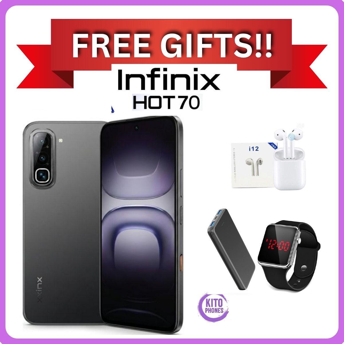 NEW ARRIVALS !! BRAND NEW INFINIX Hot 70,X6895B, 6.78 inches, 120Hz Display, 256GB ROM + 8GB RAM,50 MP Main Camera +8MP SELFIE 6000 mAh Type C 45W Fast Charging ANFROID 16 SMARTPHONES +FREE GIFTS