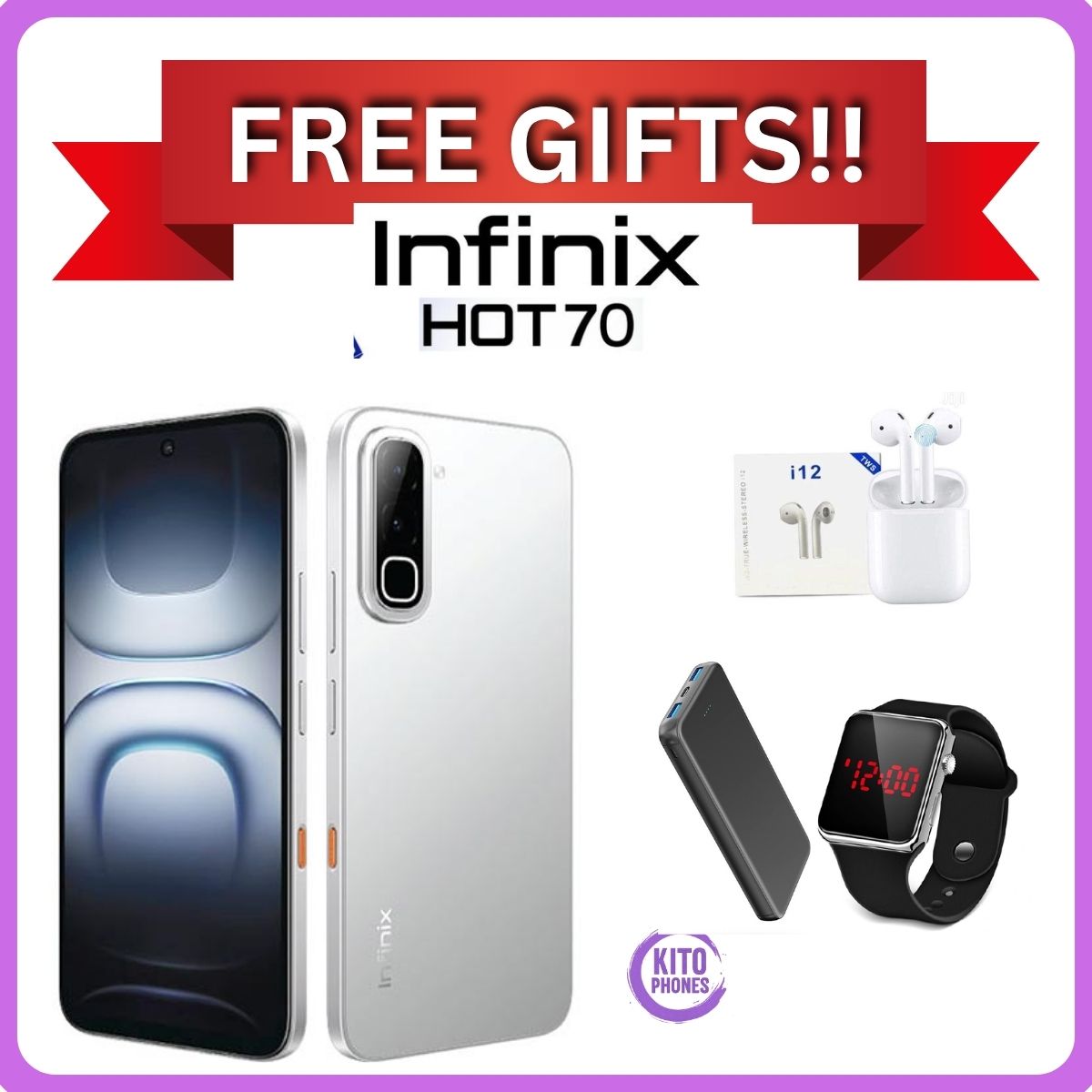 NEW ARRIVALS !! BRAND NEW INFINIX Hot 70,X6895B, 6.78 inches, 120Hz Display, 256GB ROM + 8GB RAM,50 MP Main Camera +8MP SELFIE 6000 mAh Type C 45W Fast Charging ANFROID 16 SMARTPHONES +FREE GIFTS
