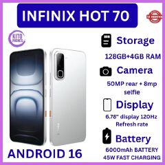 NEW ARRIVALS !! BRAND NEW INFINIX Hot 70,X6895B, 128GB ROM + 4GB RAM, 6.78 inches, 120Hz Display, 50 MP Main Camera +8MP SELFIE 6000 mAh Type C 45W Fast Charging ANFROID 16 SMARTPHONES +FREE GIFTS