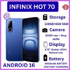 NEW ARRIVALS !! BRAND NEW INFINIX Hot 70,X6895B, 128GB ROM + 4GB RAM, 6.78 inches, 120Hz Display, 50 MP Main Camera +8MP SELFIE 6000 mAh Type C 45W Fast Charging ANFROID 16 SMARTPHONES +FREE GIFTS