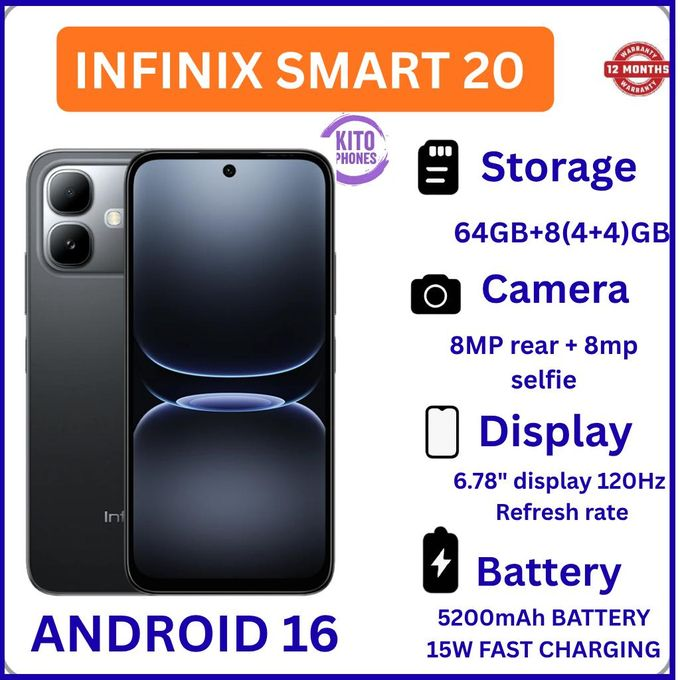 [NEW ARRIVAL] INFINIX Smart 20 64GB+4GB 6.67" 120Hz Display Dual Speakers Dual SIM 4.5G Slim Phone 5200mAh Battery 15W Charging IP64 Fingerprint Lock Android 16 SMARTPHONE