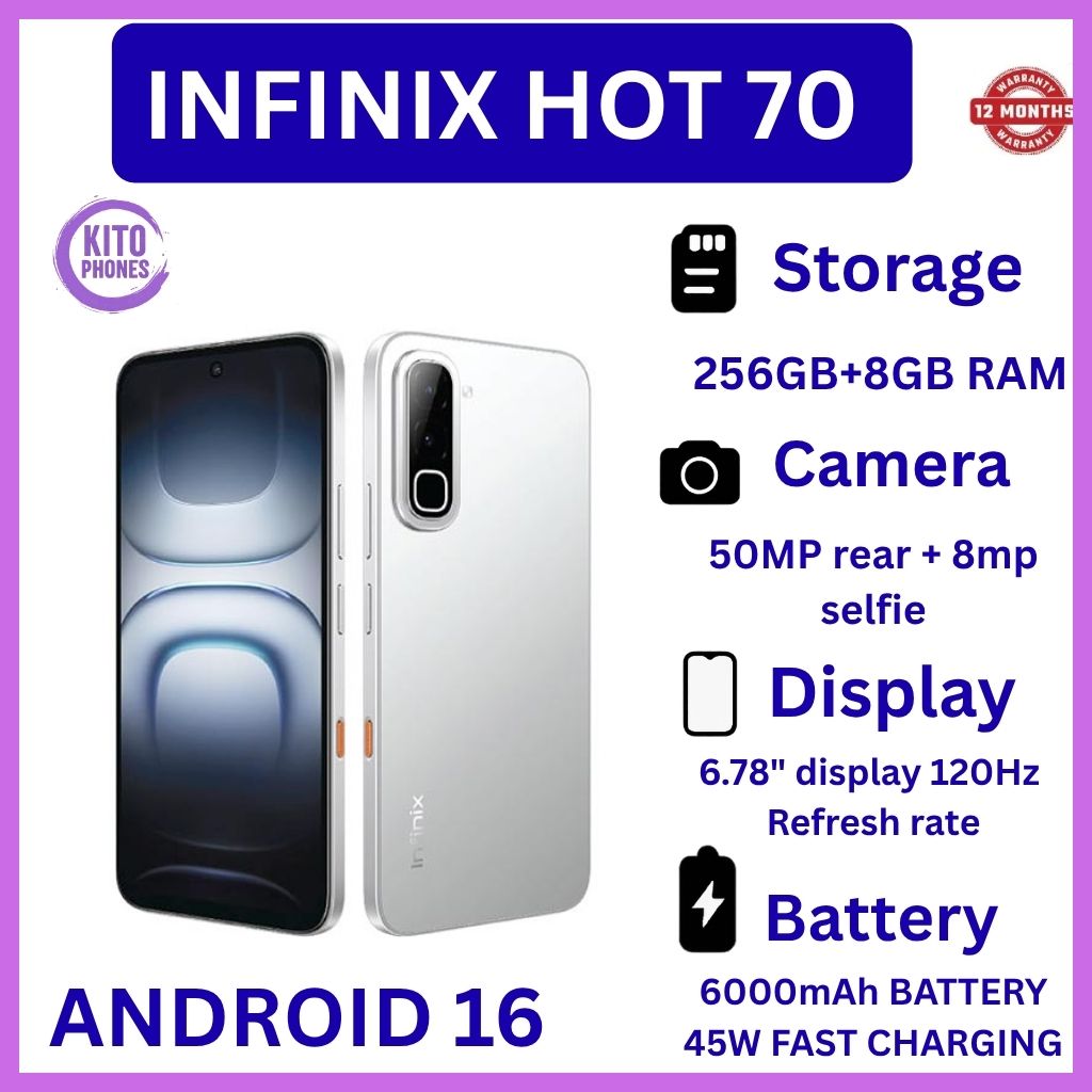 NEW ARRIVALS !! BRAND NEW INFINIX Hot 70,X6895B, 6.78 inches, 120Hz Display, 256GB ROM + 8GB RAM,50 MP Main Camera +8MP SELFIE 6000 mAh Type C 45W Fast Charging ANFROID 16 SMARTPHONES +FREE GIFTS