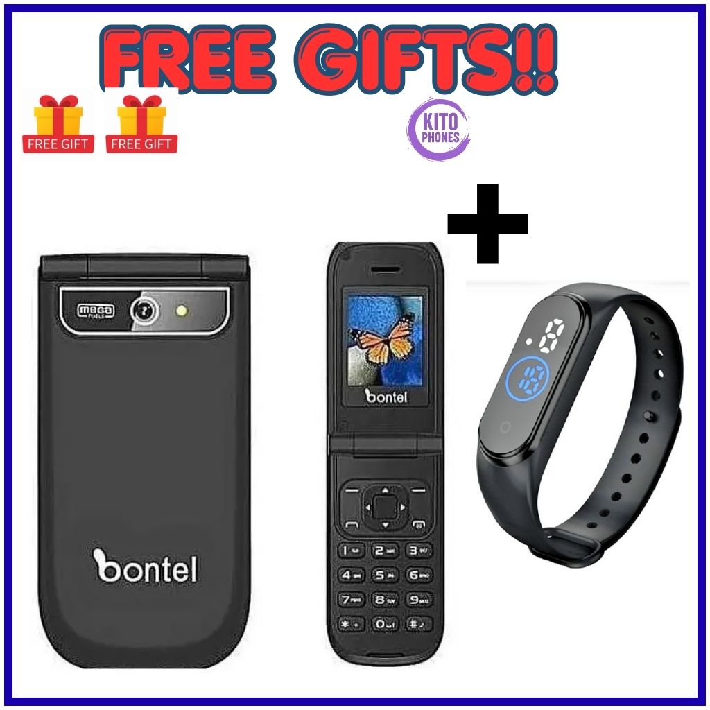 BONTEL A225 FEATURE PHONE DUAL SIM FLIP PHONE SCREEN 1.77'' DISPLAY 1000mAh BATTERY CAPACITY KABAMBE/KATULULU/MULIKA MWIZI/BUTTON MOBILE PHONE+FREE GIFTS JUST FOR YOU(WATCH)