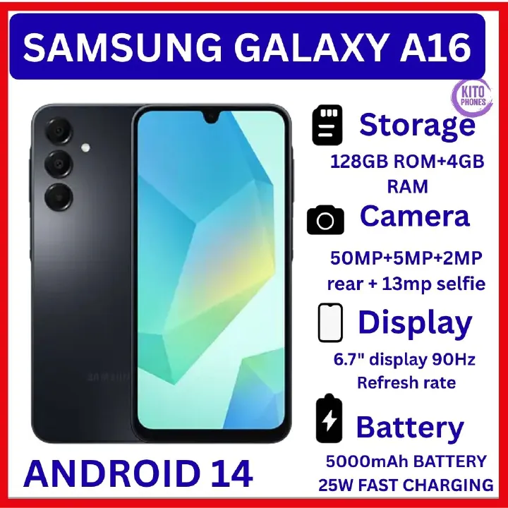 BRAND NEW Samsung Galaxy A16 128GB+4GB 6.7" Super AMOLED Display 50MP Triple Camera Android 14 Mediatek Helio G99 5000mAh 25W Type-C Charge Smart Phones Samsung A16 phone
