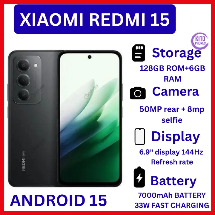 [NEW ARRIVAL] Redmi 15 4G 6.9" 128GB ROM +6GB RAM 7000mAh 33W charger ip64 50MP +8 MP Octa-core Qualcomm SM6225 Snapdragon 685 (6 nm)IPS LCD, 144Hz Android 15 Fingerprint phone smartphone
