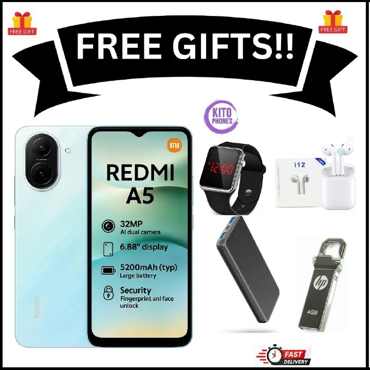 XIAOMI REDMI A5 64GB ROM 3GB RAM 4G NETWORK 5200MAH BATTERY 32MP main camera, 8MP front camera DUAL SIM 120HZ REFRESH RATE 6.88" ANDROID 15 , Side fingerprint sensor , USB Type-C SmartPhone+free gifts