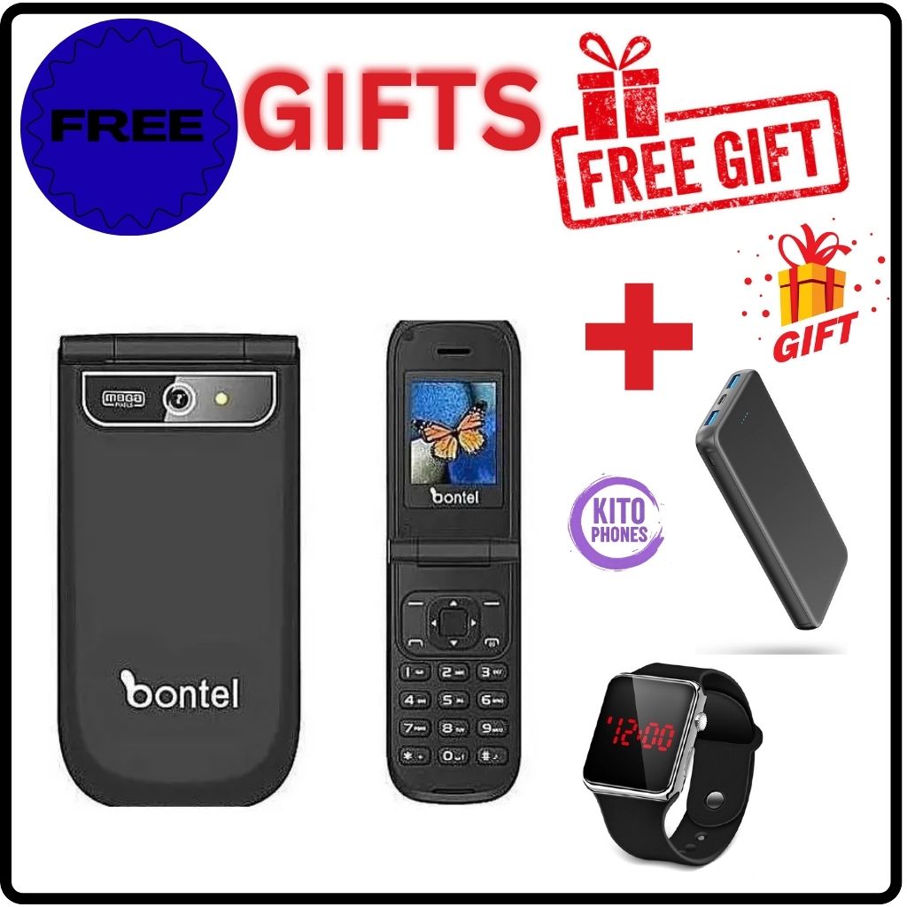 BONTEL A225 FEATURE PHONE DUAL SIM FLIP PHONE SCREEN 1.77'' DISPLAY 1000mAh BATTERY CAPACITY KABAMBE/KATULULU/MULIKA MWIZI/BUTTON MOBILE PHONE+FREE GIFTS JUST FOR YOU(WATCH+POWERBANK)