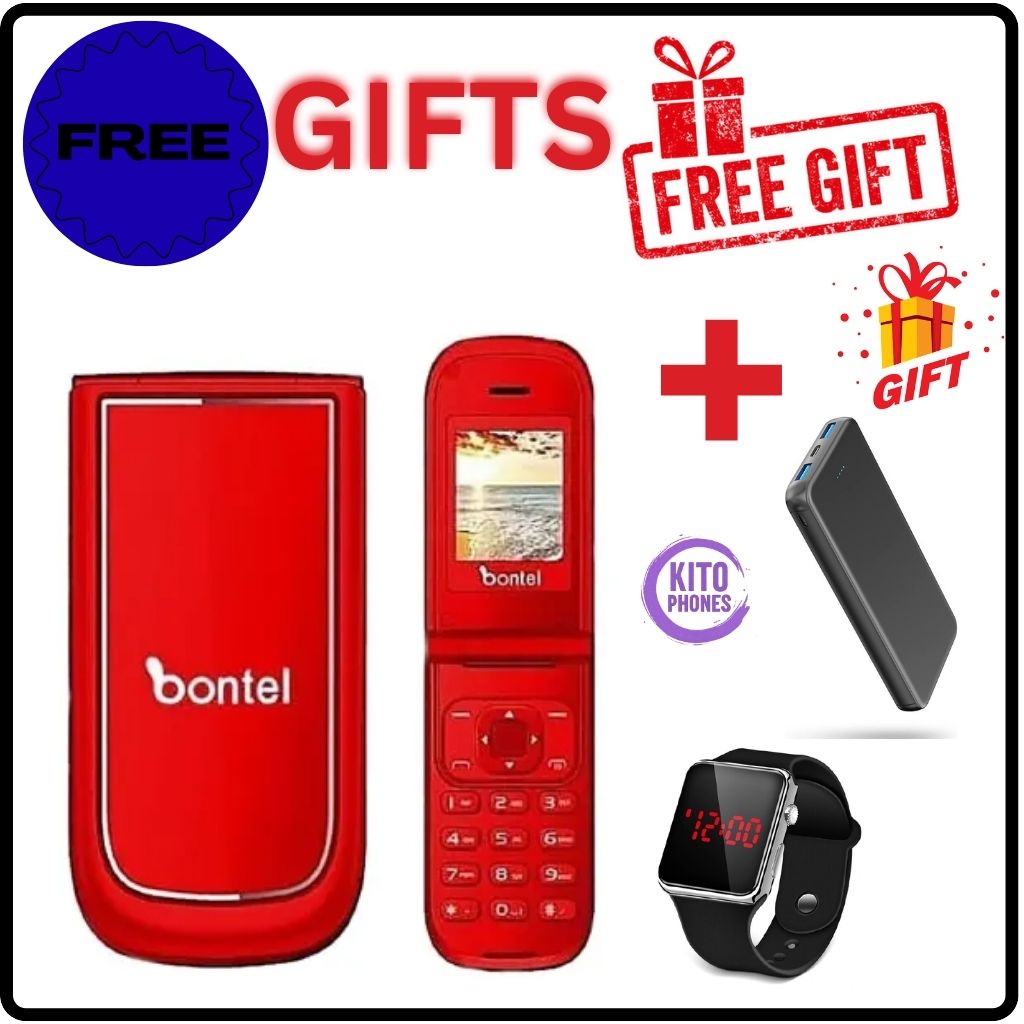 BONTEL A225 FEATURE PHONE DUAL SIM FLIP PHONE SCREEN 1.77'' DISPLAY 1000mAh BATTERY CAPACITY KABAMBE/KATULULU/MULIKA MWIZI/BUTTON MOBILE PHONE+FREE GIFTS JUST FOR YOU(WATCH+POWERBANK)