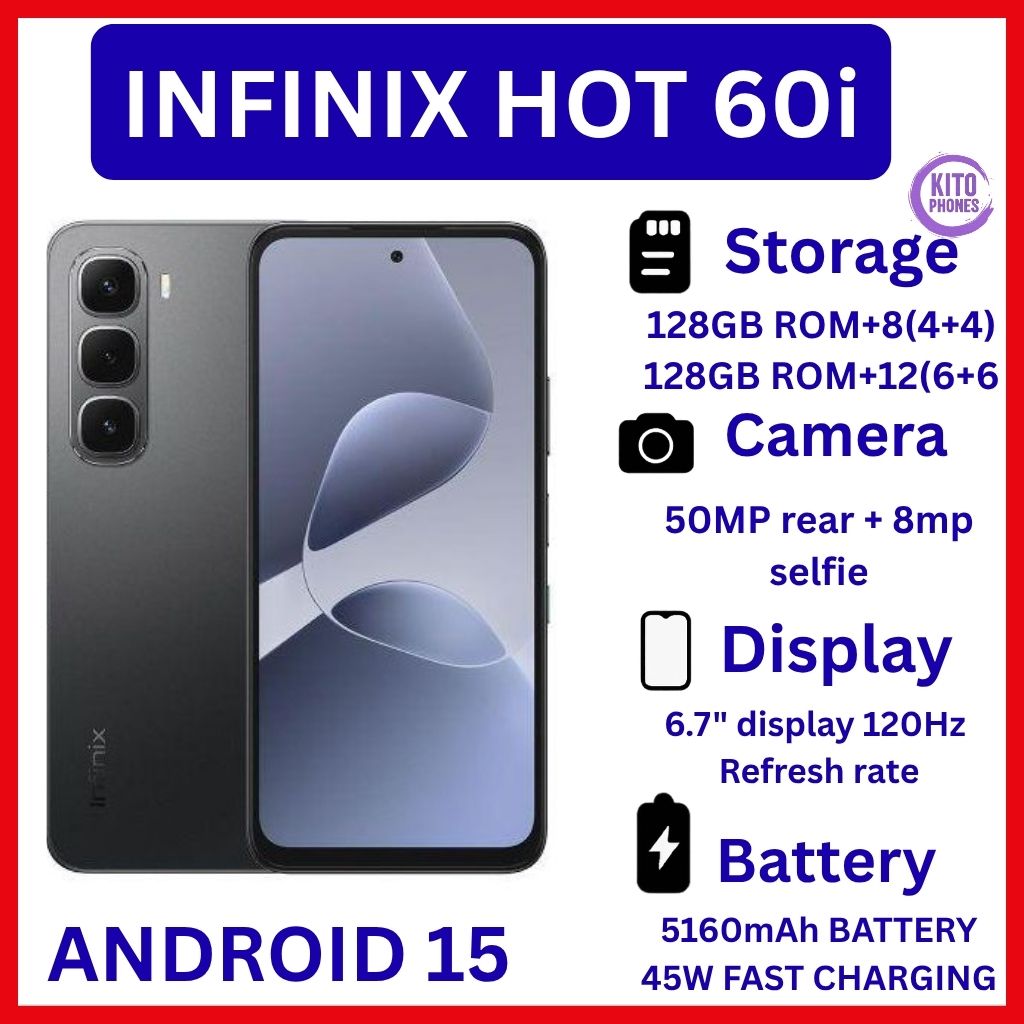 Infinix Hot 60i 12(6+6)GB RAM+128GB / 128GB+8(4+4)GB 6.7'' 120Hz 4G Slim Phone Dual SIM 5160mAh 45W Fast Charging 50MP Camera Side Fingerprint Lock IP64 Gyroscope G81 Ultimate One-Tap AI Smart Phones
