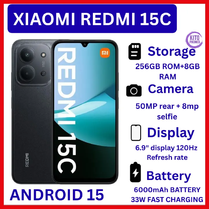 NEW ARRIVALS!! REDMI 15C 256GB ROM+16GB(8GB+8GB) Ram 6.9'' LCD 50MP Main Camera 8MP selfie camera 6000mAh 33W Fast Charger Android 15 Xiaomi Hyper OS 2 Mediatek Side Fingerprint smart phones
