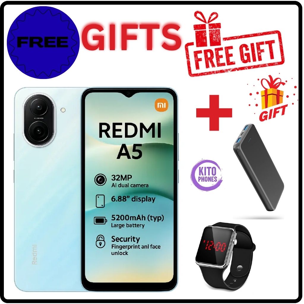 XIAOMI REDMI A5 64GB ROM 3GB RAM 4G NETWORK 5200MAH BATTERY 32MP main camera, 8MP front camera DUAL SIM 120HZ REFRESH RATE 6.88" ANDROID 15 , Side fingerprint sensor , USB Type-C SmartPhone+free gifts