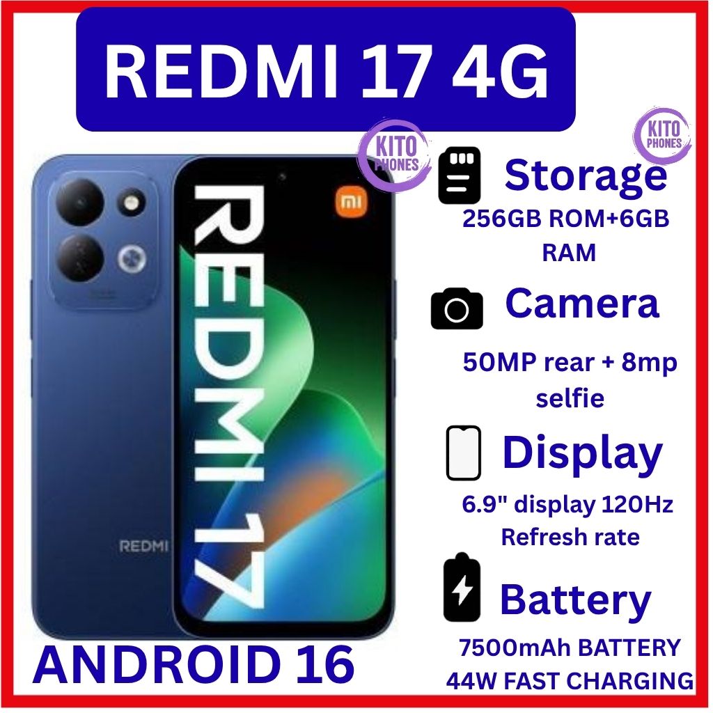 🔥NEW🔥Xiaomi Redmi 17 4G 6GB RAM + 256GB ROM Smart Phone 6.9" display 120Hz -Dual SIM 7500mAh Battery 50MP main camera +8MP SELFIE Type C Side Fingerprint Android 16 SMARTPHONES+FREE GIFTS