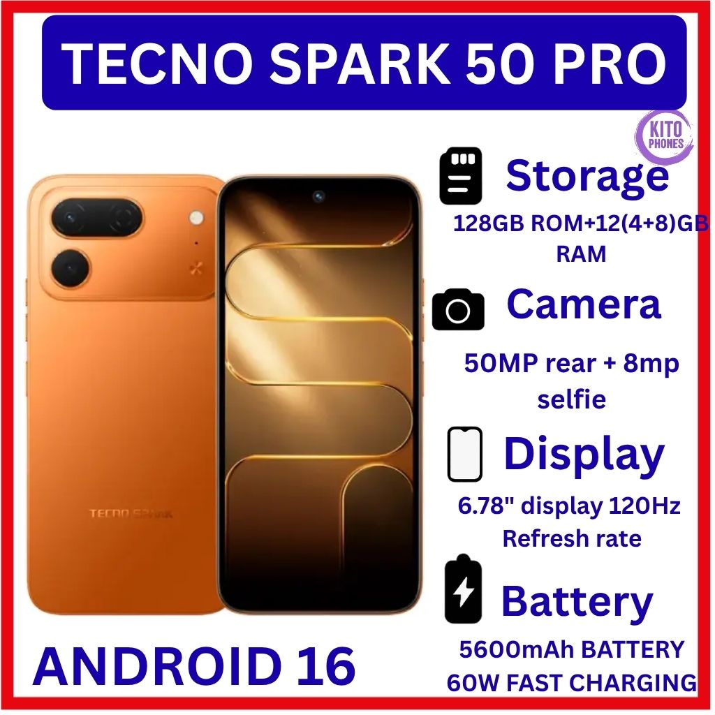 [BRAND NEW] Tecno Spark 50 Pro,6.78-inch'50MP f/1.8 PDAF + 8MP f/2.0 selfie 4GB RAM +128GB ROM,Battery: 5600mAh'OS: Android 16, HiOS 16'MediaTek Helio G100+12 MONTHS FREE WARRANTY PHONE SMARTPHONE