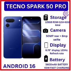 [BRAND NEW] Tecno Spark 50 Pro,6.78-inch'50MP f/1.8 PDAF + 8MP f/2.0 selfie 4GB RAM +128GB ROM,Battery: 5600mAh'OS: Android 16, MediaTek Helio G100+12 MONTHS FREE WARRANTY PHONE SMARTPHONE+FREE GIFTS