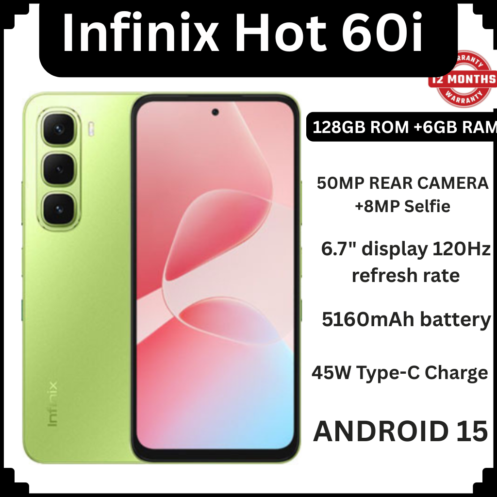 [BRAND NEW] Infinix Hot 60i 128GB ROM+12(6+6)GB RAM 6.7" 120Hz Screen 4G Phone Dual SIM 5160mAh Battery 45W Charging 50MP Camera Fingerprint Lock Android 15 G81 Smart AI smart Phones+FREE GIFTS
