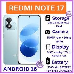 NEW ARRIVALS!! Redmi Note 17 6.99 INCHES AMOLED SCREEN 256GB ROM+(8+8)16GB RAM 50 MP MAIN CAMERA+16MP FRONT,7700 mAh battery 45W FAST CHARGING In-screen fingerprint ANDROID 16 SMARTPHONE+FREE GIFTS