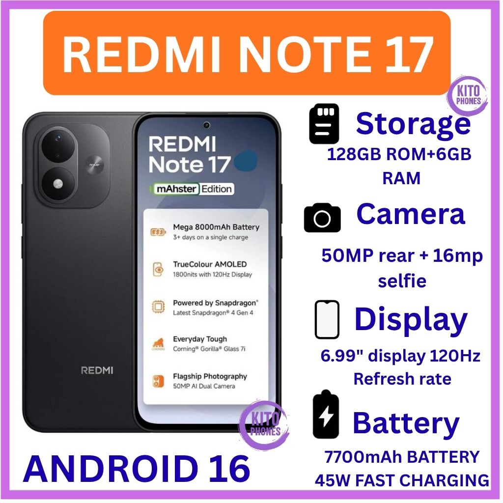 [BRAND NEW] XIAOMI Redmi Note 17 6.99 INCHES AMOLED SCREEN 128GB ROM+6GB RAM 50 MP MAIN CAMERA+16MP FRONT 7700 mAh battery 45W FAST CHARGING In-screen fingerprint ANDROID 16 SMARTPHONE+FREE GIFTS
