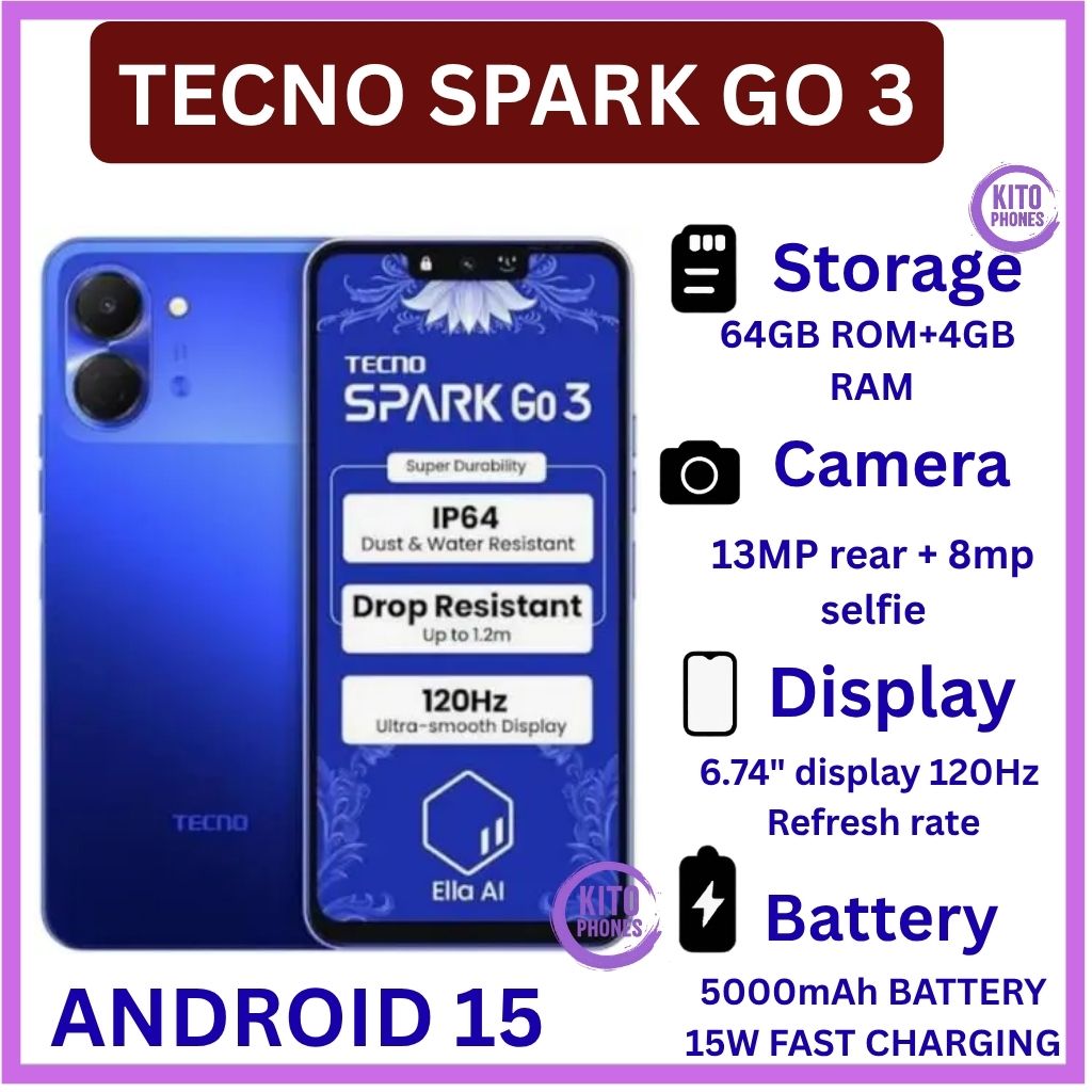 HOT DEAL 🔥 BRAND NEW !! Tecno Spark Go 3, 6.74 Inch display ,upto 8GB RAM(4+4), 64 GB Storage, 5000mAh battery ,15W fast charging, 13MP CAMERA ,1 YEAR WARRANTY ANDROID 15 SMARTPHONES+FREE GIFTS