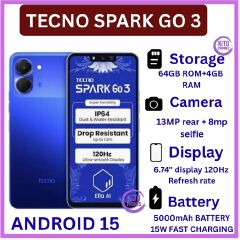 HOT DEAL 🔥 BRAND NEW !! Tecno Spark Go 3, 6.74 Inch display ,upto 8GB RAM(4+4), 64 GB Storage, 5000mAh battery ,15W fast charging, 13MP CAMERA ,1 YEAR WARRANTY ANDROID 15 SMARTPHONES+FREE GIFTS