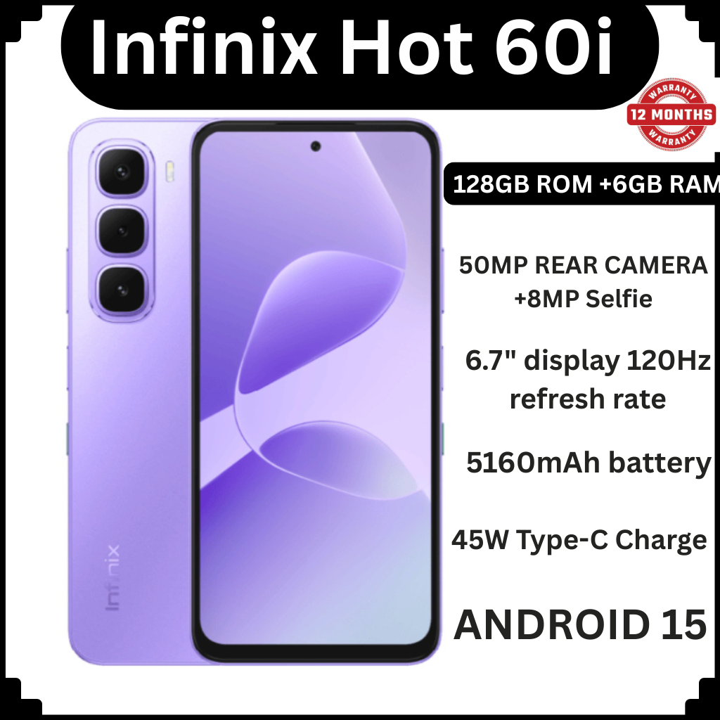 [BRAND NEW] Infinix Hot 60i 128GB ROM+12(6+6)GB RAM 6.7" 120Hz Screen 4G Phone Dual SIM 5160mAh Battery 45W Charging 50MP Camera Fingerprint Lock Android 15 G81 Smart AI smart Phones+FREE GIFTS