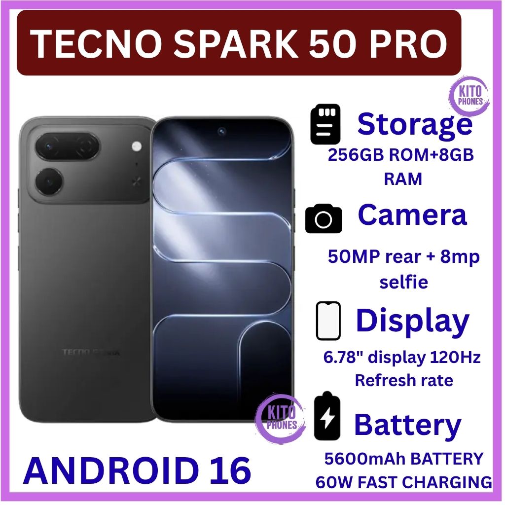 [BRAND NEW] Tecno Spark 50 Pro 256GB ROM+8GB RAM 6.78-inch'50MP f/1.8 PDAF + 8MP f/2.0 selfie,Battery: 5600mAh'OS: Android 16, HiOS 16'MediaTek Helio G100+12 MONTHS FREE WARRANTY PHONE SMARTPHONE