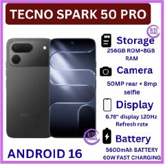 [BRAND NEW] Tecno Spark 50 Pro 256GB ROM+8GB RAM 6.78-inch'50MP f/1.8 PDAF + 8MP f/2.0 selfie,Battery: 5600mAh'OS: Android 16, MediaTek Helio G100+12 MONTHS FREE WARRANTY PHONE SMARTPHONE+FREE GIFTS