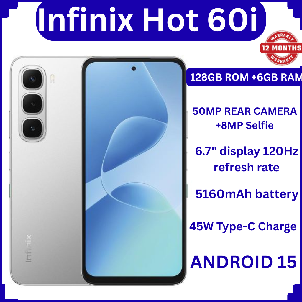 [BRAND NEW] Infinix Hot 60i 128GB ROM+12(6+6)GB RAM 6.7" 120Hz Screen 4G Phone Dual SIM 5160mAh Battery 45W Charging 50MP Camera Fingerprint Lock Android 15 G81 Smart AI smart Phones+FREE GIFTS