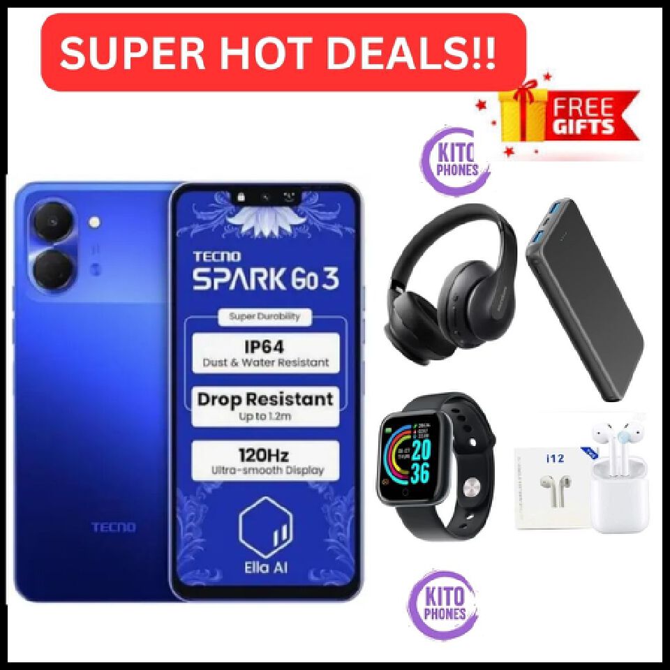 HOT DEAL 🔥 BRAND NEW !! Tecno Spark Go 3, 6.74 Inch display ,upto 8GB RAM(4+4), 64 GB Storage, 5000mAh battery ,15W fast charging, 13MP CAMERA ,1 YEAR WARRANTY ANDROID 15 SMARTPHONES+FREE GIFTS