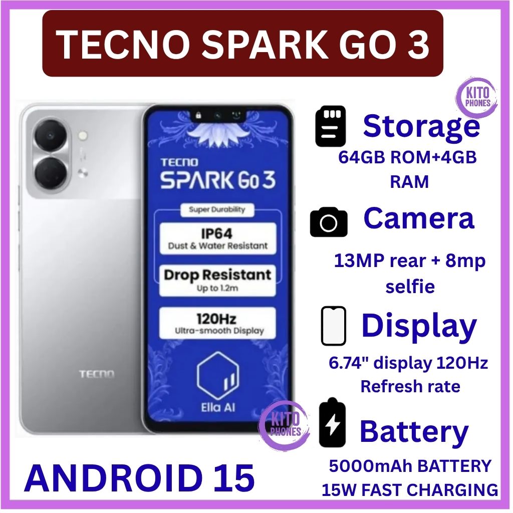 HOT DEAL 🔥 BRAND NEW !! Tecno Spark Go 3, 6.74 Inch display ,upto 8GB RAM(4+4), 64 GB Storage, 5000mAh battery ,15W fast charging, 13MP CAMERA ,1 YEAR WARRANTY ANDROID 15 SMARTPHONES+FREE GIFTS