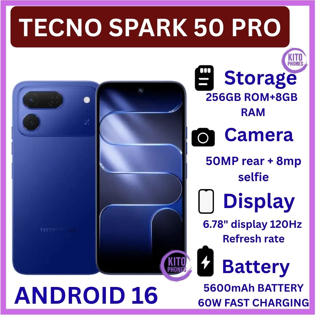 [BRAND NEW] Tecno Spark 50 Pro 256GB ROM+8GB RAM 6.78-inch'50MP f/1.8 PDAF + 8MP f/2.0 selfie,Battery: 5600mAh'OS: Android 16, HiOS 16'MediaTek Helio G100+12 MONTHS FREE WARRANTY PHONE SMARTPHONE