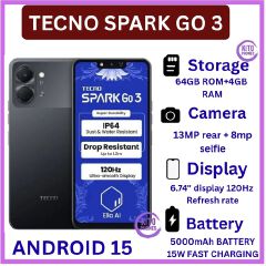 HOT DEAL 🔥 BRAND NEW !! Tecno Spark Go 3, 6.74 Inch display ,upto 8GB RAM(4+4), 64 GB Storage, 5000mAh battery ,15W fast charging, 13MP CAMERA ,1 YEAR WARRANTY ANDROID 15 SMARTPHONES+FREE GIFTS