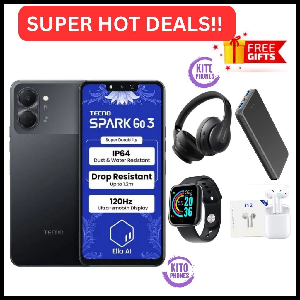 HOT DEAL 🔥 BRAND NEW !! Tecno Spark Go 3, 6.74 Inch display ,upto 8GB RAM(4+4), 64 GB Storage, 5000mAh battery ,15W fast charging, 13MP CAMERA ,1 YEAR WARRANTY ANDROID 15 SMARTPHONES+FREE GIFTS