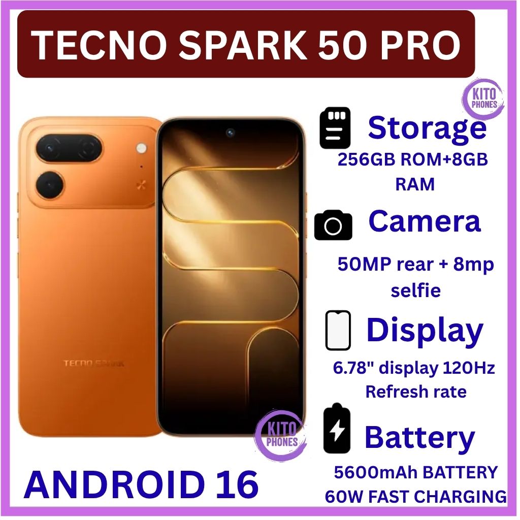 [BRAND NEW] Tecno Spark 50 Pro 256GB ROM+8GB RAM 6.78-inch'50MP f/1.8 PDAF + 8MP f/2.0 selfie,Battery: 5600mAh'OS: Android 16, HiOS 16'MediaTek Helio G100+12 MONTHS FREE WARRANTY PHONE SMARTPHONE
