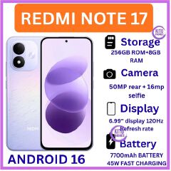 NEW ARRIVALS!! Redmi Note 17 6.99 INCHES AMOLED SCREEN 256GB ROM+(8+8)16GB RAM 50 MP MAIN CAMERA+16MP FRONT,7700 mAh battery 45W FAST CHARGING In-screen fingerprint ANDROID 16 SMARTPHONE+FREE GIFTS